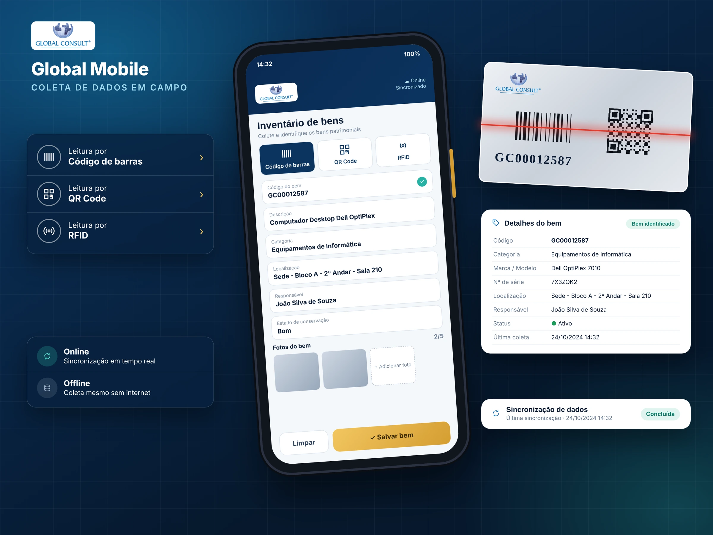 Aplicativo Global Mobile em um coletor lendo etiqueta de patrimônio