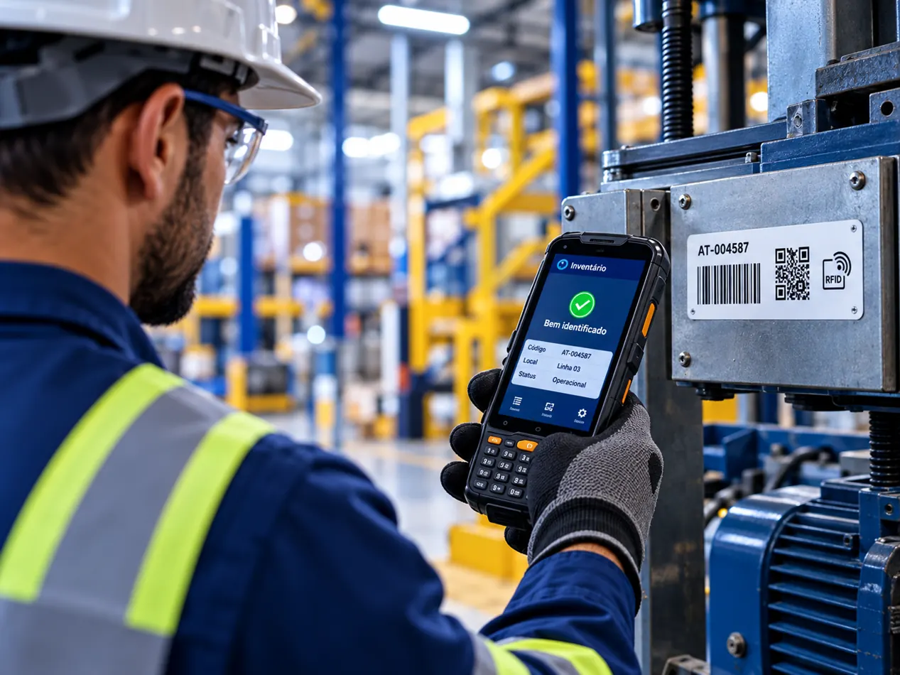 Técnico lendo etiqueta de patrimônio com coletor de dados em ativo industrial